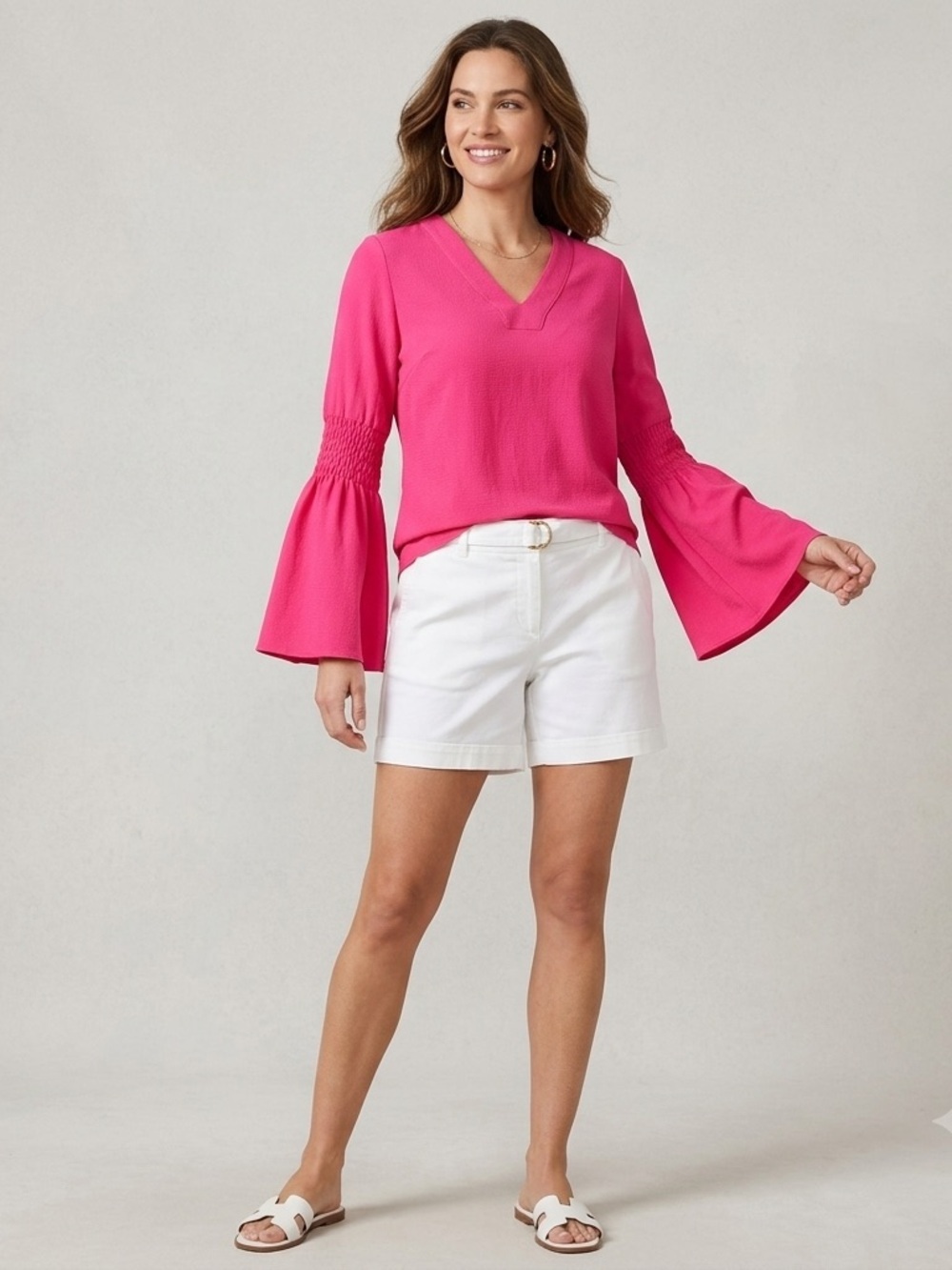 Michael Kors Barbie Pink V-Neck Smocked Bell Sleeves Blouse Sz - S Dopamine